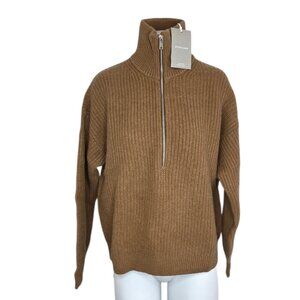 Everlane The Felted Merino Half Zip Sweater, Deep Camel, 100% Wool, Size Small